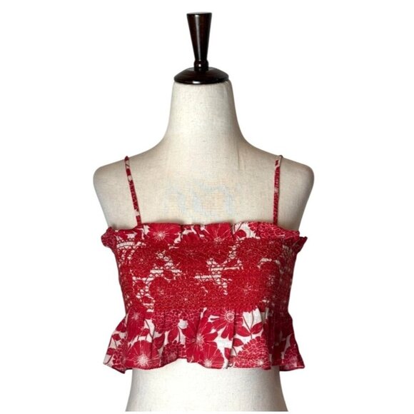 Lisa Marie Fernandez Tank Top 6 Red White Floral Print Smocked Cropped Cami Boho - Picture 1 of 9